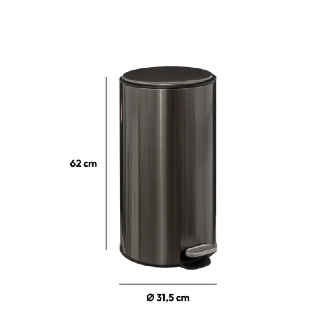 Poubelle ronde à pédale métal 30L, Inox noir