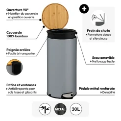 Poubelle ronde avec couvercle bambou 30L, Gris