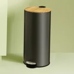 Poubelle ronde avec couvercle bambou 30L, Noir