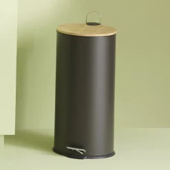 Poubelle ronde avec couvercle bambou 30L, Noir