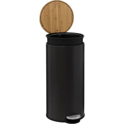 Poubelle ronde avec couvercle bambou 30L, Noir