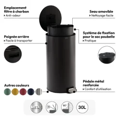 Poubelle ronde en métal 30L, Gris charbon