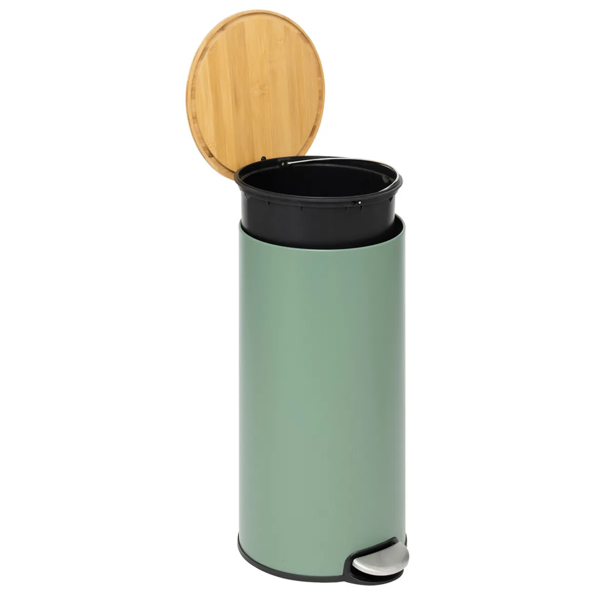 Poubelle ronde Soft Close couvercle bambou 30L, Vert