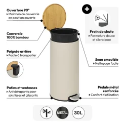 Poubelle ronde Soft Close couvercle bambou 30L, Lin