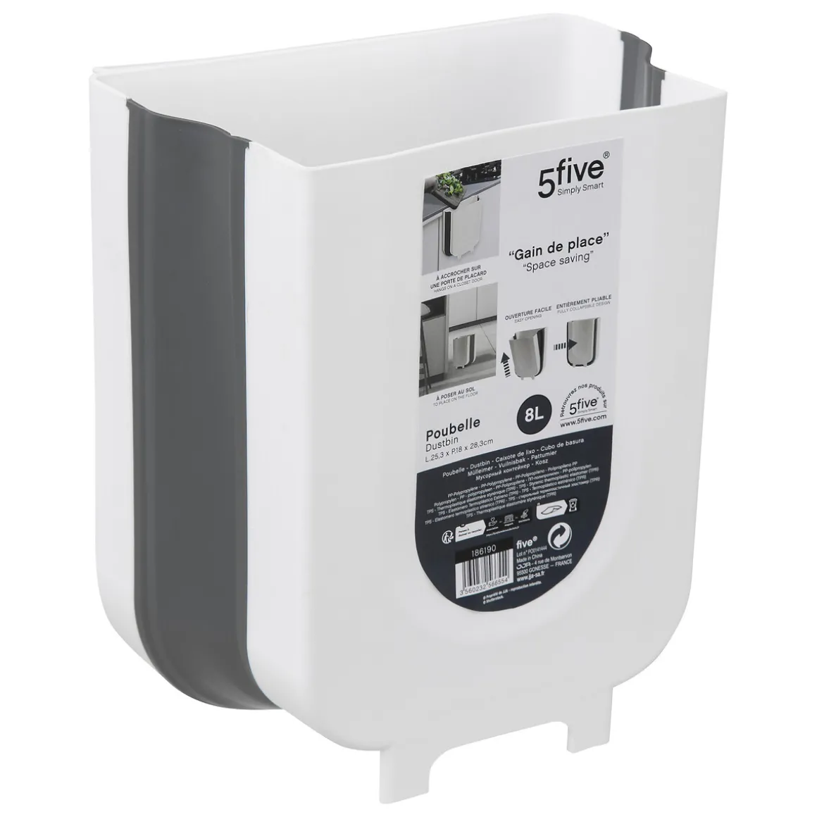 Poubelle rétractable de porte 8L, Noir & Blanc