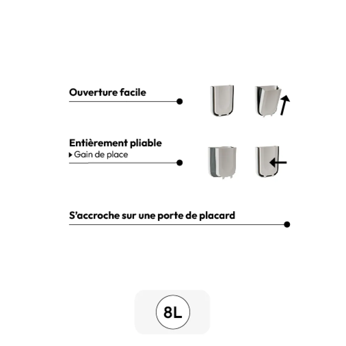 Poubelle rétractable de porte 8L, Noir & Blanc