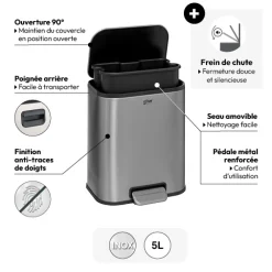 Poubelle Soft Close métal 5L, Argent