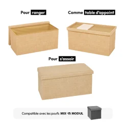 Pouf de rangement 2 places 76x38 cm, Toile de jute
