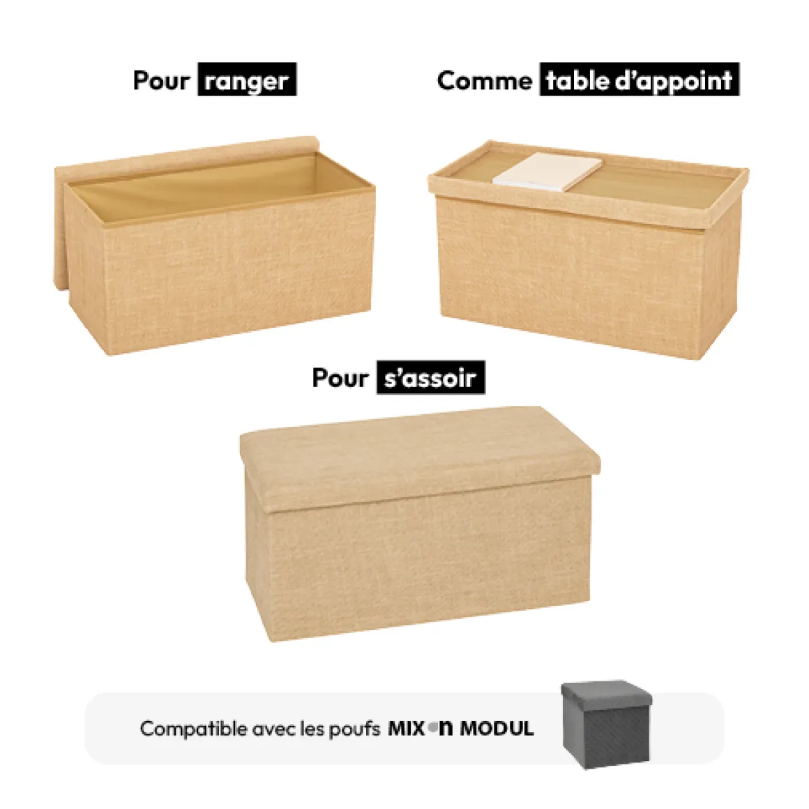 Pouf de rangement 2 places 76x38 cm, Toile de jute