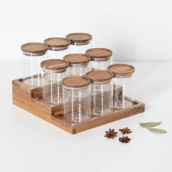 Présentoir à épices avec lot de 9 bocaux, Acacia