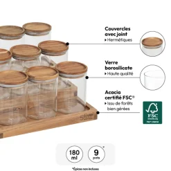 Présentoir à épices avec lot de 9 bocaux, Acacia
