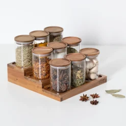 Présentoir à épices avec lot de 9 bocaux, Acacia