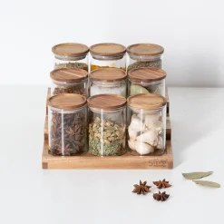 Présentoir à épices avec lot de 9 bocaux, Acacia