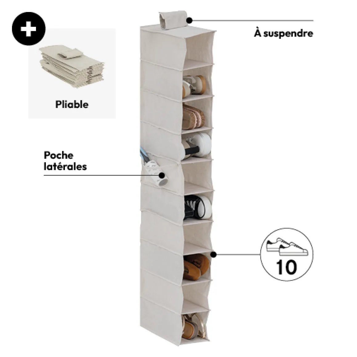 Rangement chaussures 10 cases avec panier, Beige