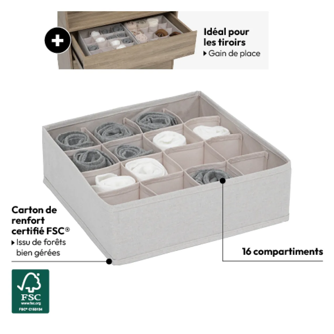 Rangement tiroir 16 compartiments, Beige