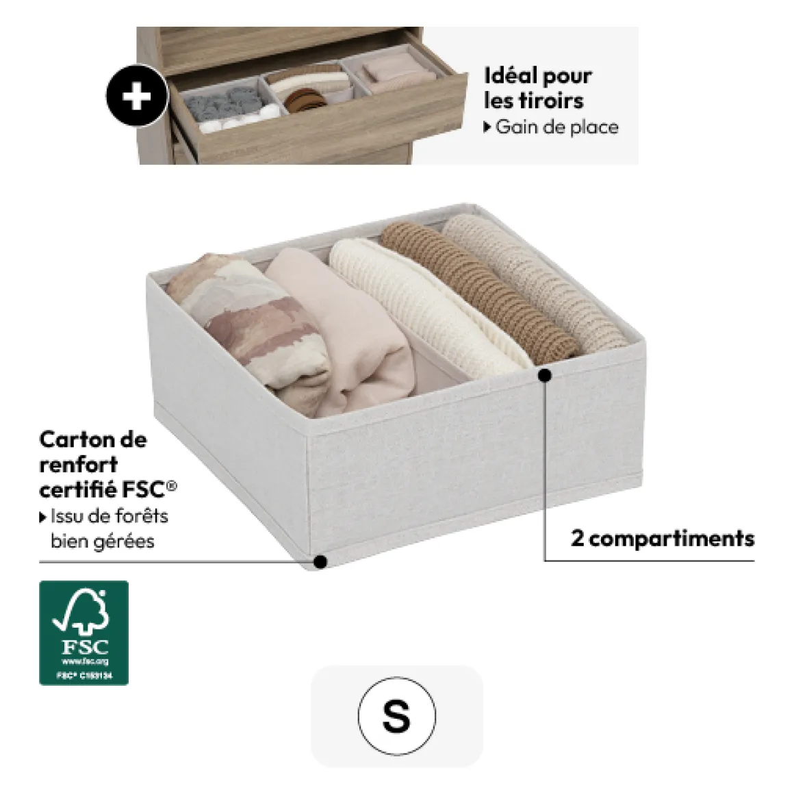 Rangement tiroir 2 compartiments, Beige