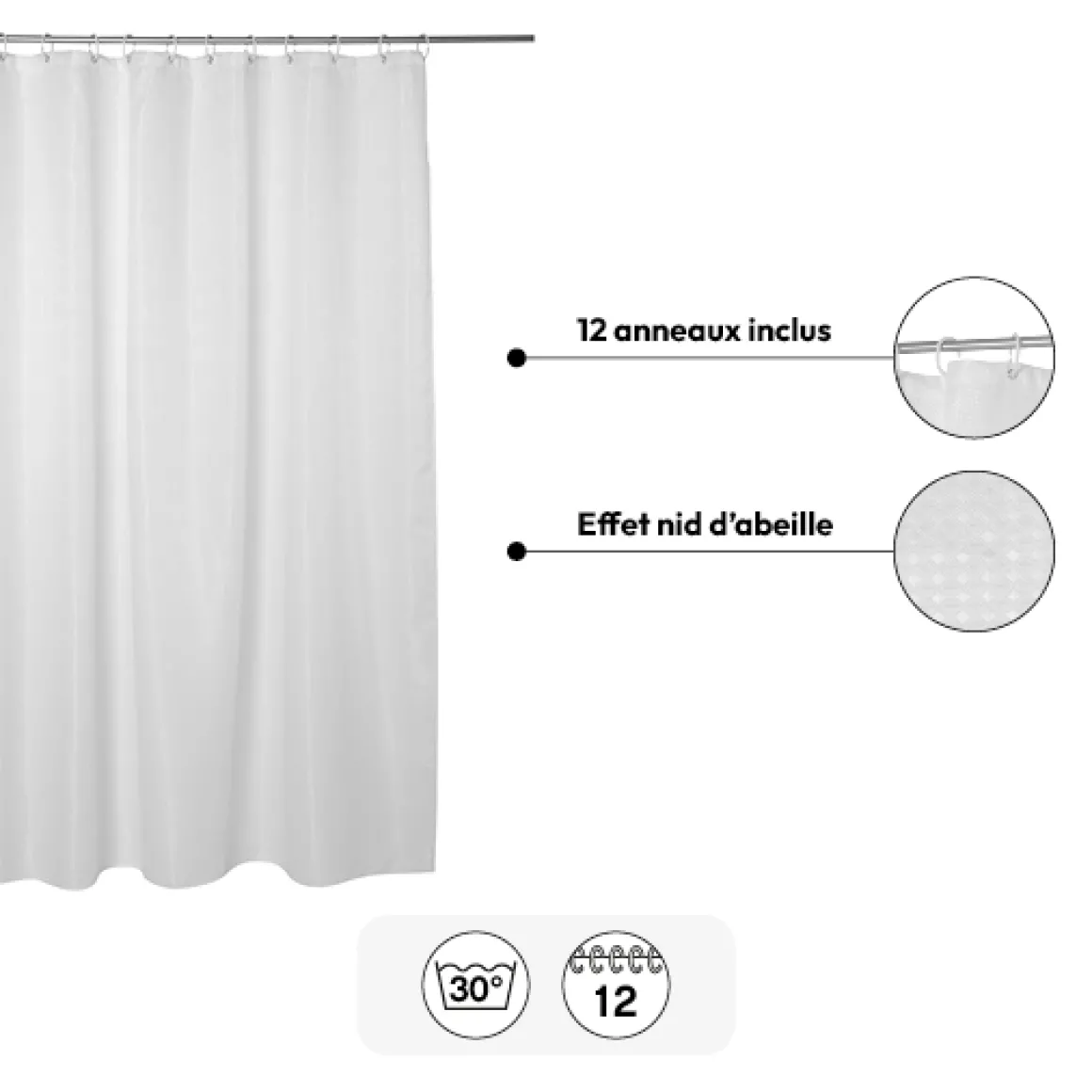 Rideau de douche 180x200cm, Blanc