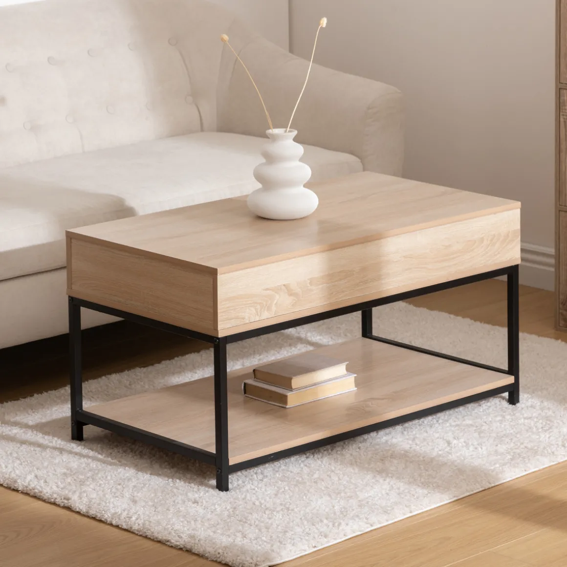 Table basse plateau relevable, Effet chêne naturel