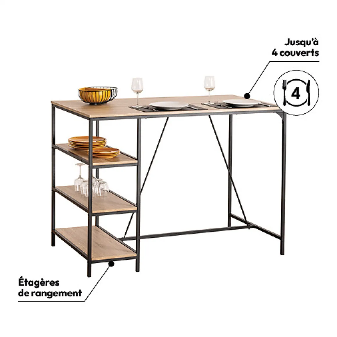 Table de bar et 4 tabourets, Effet chêne naturel