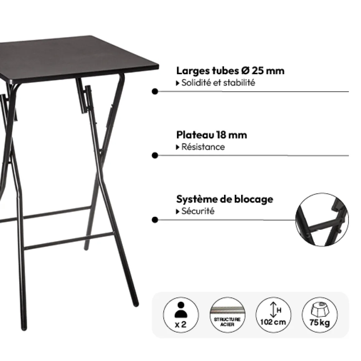 Table de bar pliante 2 places, Noir