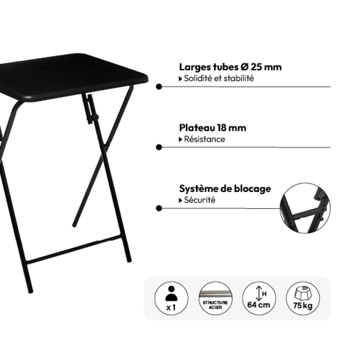 Table pliante 1 place, Noir