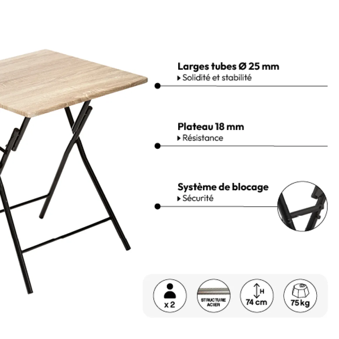 Table pliante 2 places, Effet bois
