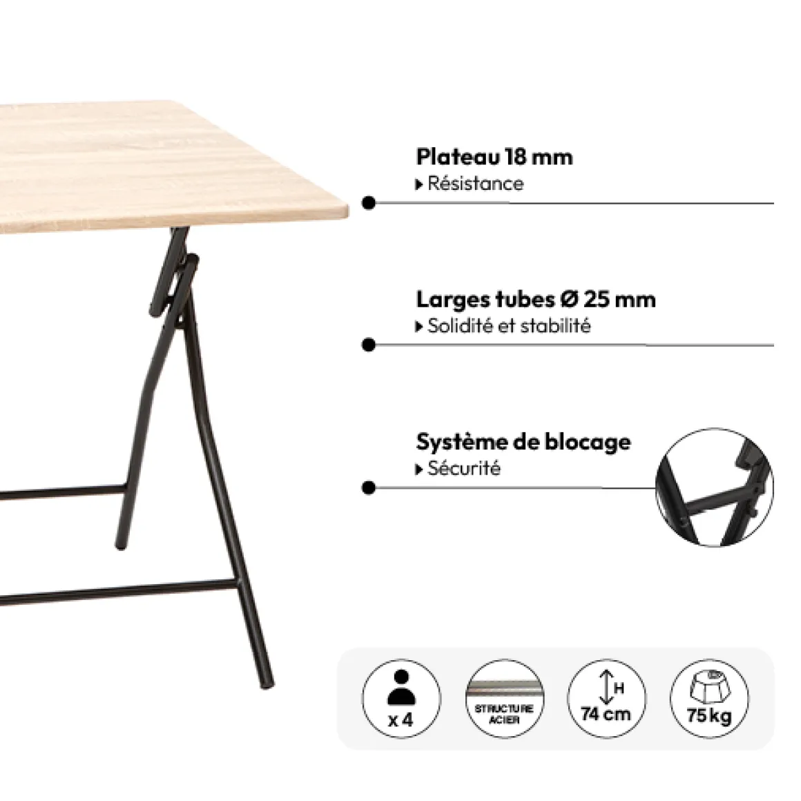Table pliante 4 places, Effet bois
