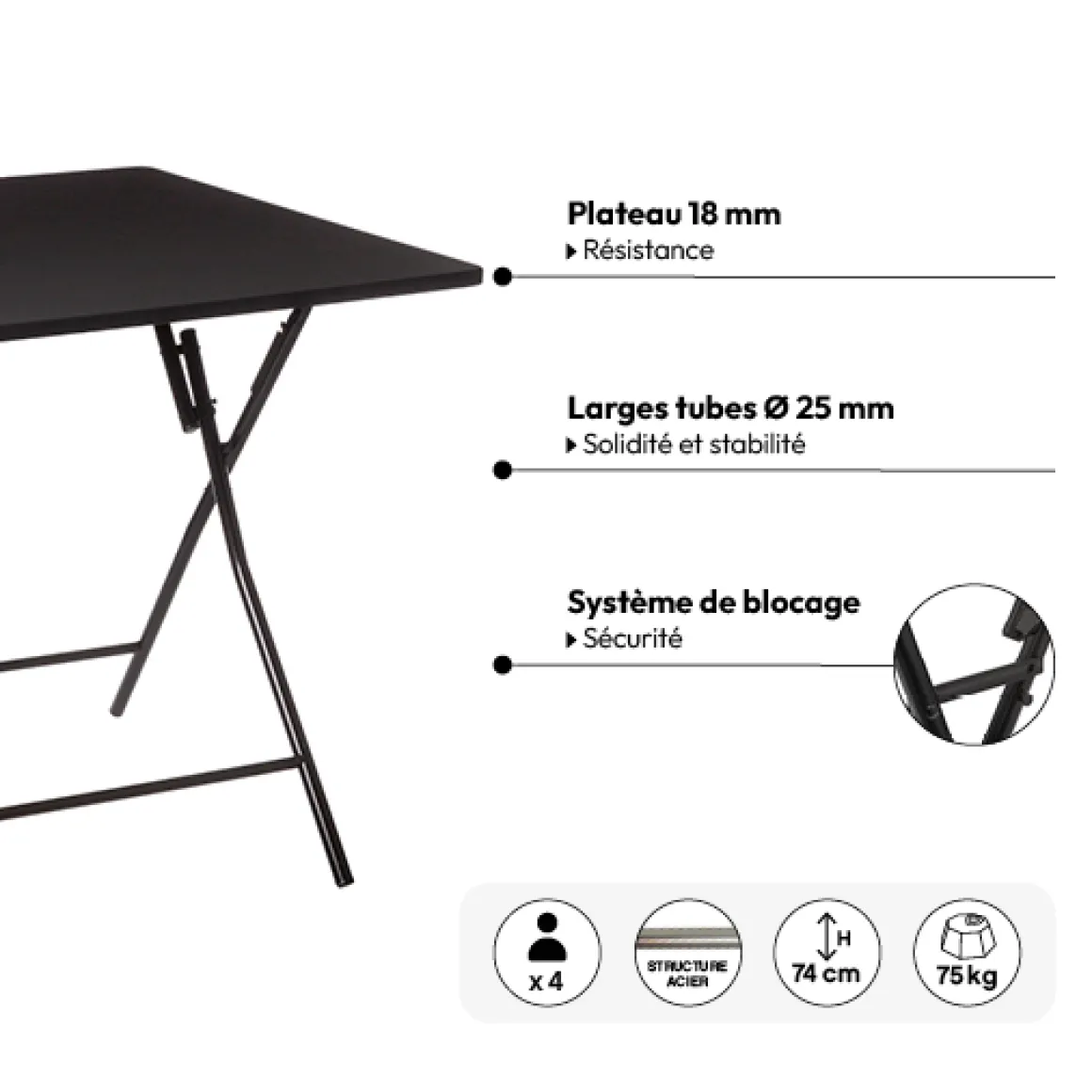 Table pliante 4 places, Noir