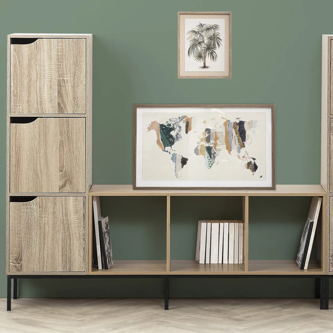 Étagère 3 cases avec portes, Effet chêne naturel