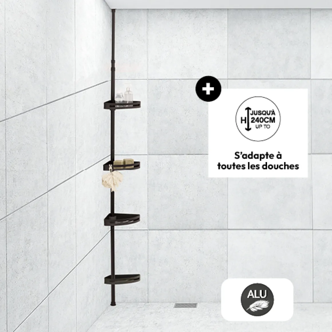 Étagère de douche télescopique rectangle, Noir
