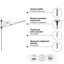Étendoir à linge extérieur 40m, Aluminium